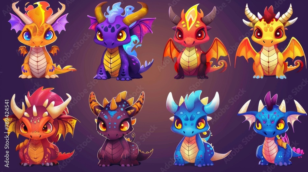 Cartoon dragons, fire breathing fantasy magic creatures. Funny mascot with horns, wings, and yellow eyes. Fairytale flying animals, book or computer game characters.