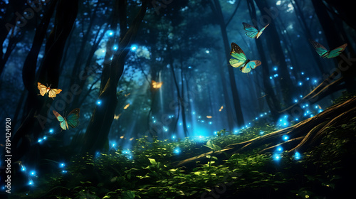 A pair of fireflies creating a mesmerizing light show in a dense, mystical forest.