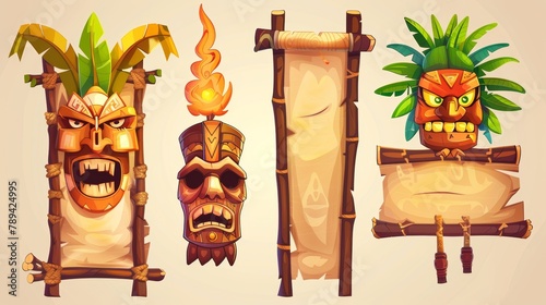 Set of cartoon illustrations, banners or posters with bamboo frames with tiki masks, old parchments and burning torches, tribal wooden totems, Hawaiian or Polynesian style borders for hut bar signs. photo