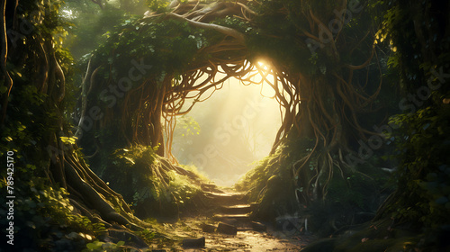 A pair of intertwined vines creating a natural archway in a sunlit forest.
