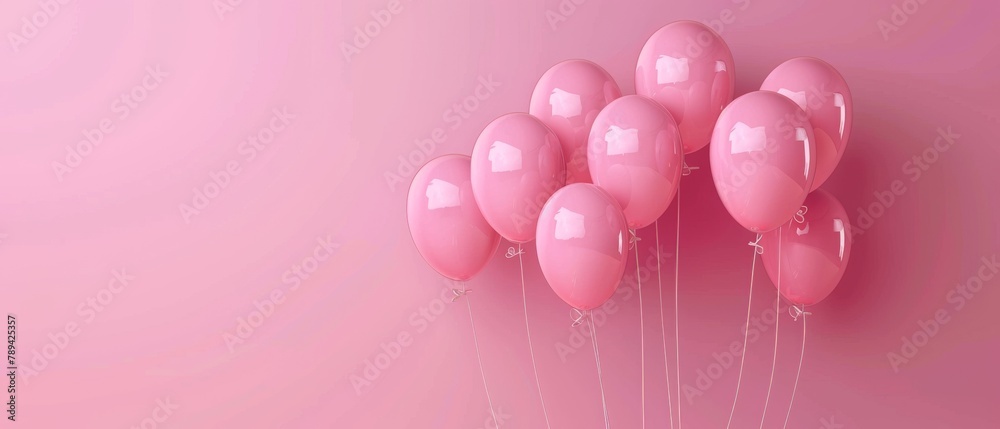 The balloons are on a pastel pink background. This is a 3D rendering.