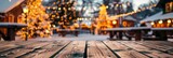 Christmas background. Empty wooden board on background of blurred christmas house outdoors and New Year's golden bokeh, Banner Image For Website, Background, Desktop Wallpaper