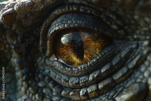 A hyperrealistic close-up of a dinosaur eye, with reptilian scales and a glint of intelligence. © EC Tech 