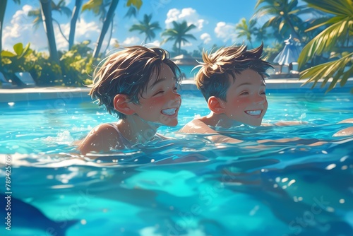 Two happy boys playing in the pool at a resort on a sunny day