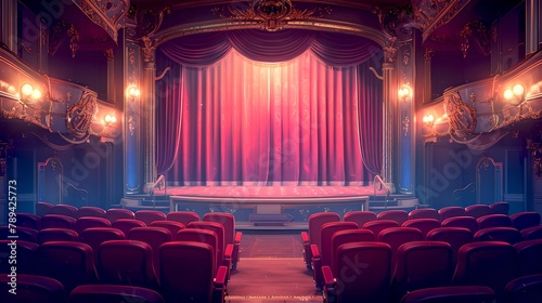 Elegant theater interior awaiting an audience, with plush red seats and a grand stage curtain. A classic venue for drama and arts. Vintage ambiance for cultural events. AI