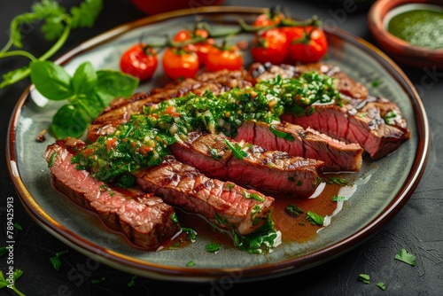 A juicy strip steak sliced thin, fanned out on a plate, drizzled with chimichurri sauce, and garnished with cherry tomatoes and microgreens.