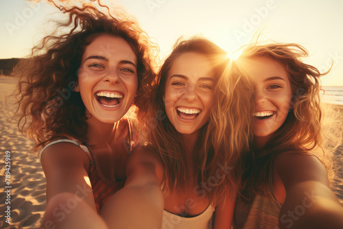 Three cheerful girls friends in summer clothes taking a selfie at the beach