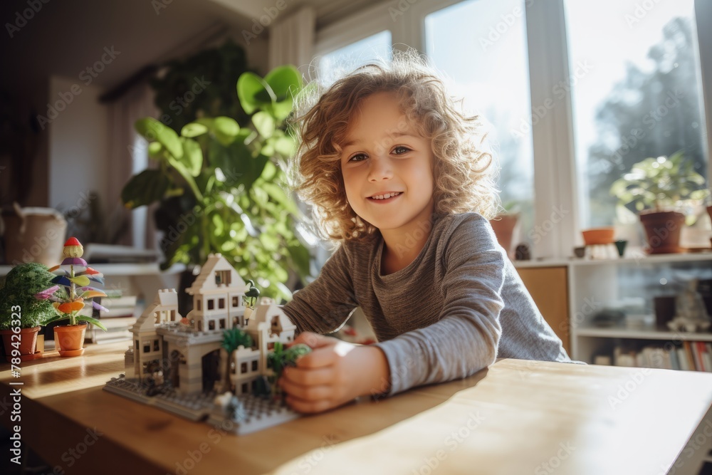 child playing and building with colorful plastic bricks table. Early learning and development. child playing and building with colorful plastic bricks table. Early learning and development.