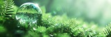 Crystal earth on ferns in green grass forest with sunlight. Environment, save the World, earth day, ecology, and Conservation Concepts, Banner Image For Website, Background, Desktop Wallpaper