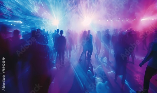 Silhouettes of people enjoying a music event under dynamic, colorful lights. Enthralling nightclub atmosphere with vivid lights. Enthralling nightclub atmosphere with vivid lights photo
