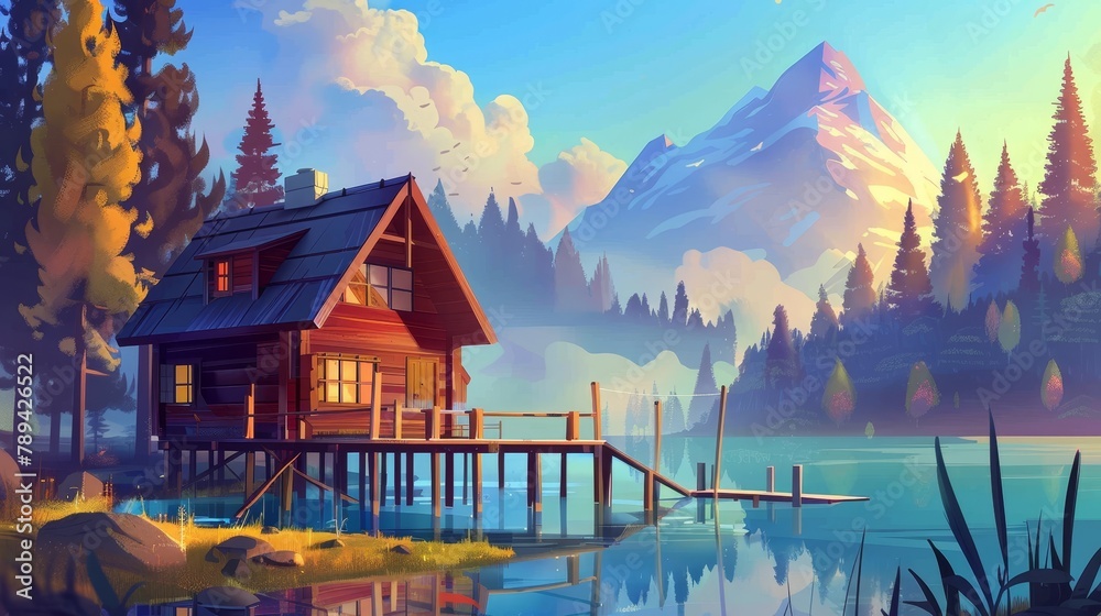 Mountain lake cottage in forest, wooden house on stilts with pier, sunrise scenery landscape, luxurious wood house with terrace, eco dwelling, hotel, game background, cartoon modern illustration.