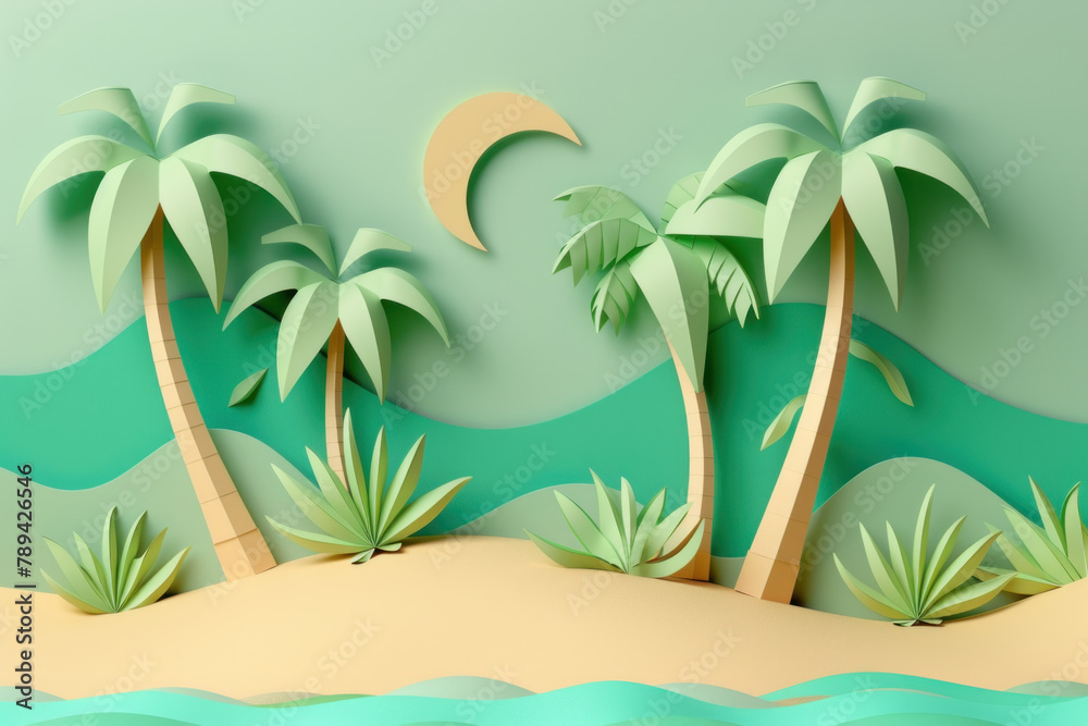 3D render of colorful tropical beach with palm trees made from paper art origami. paper art for a banner or wallpaper design concept