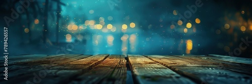 Empty wooden table platform and bokeh at night , highlighting its striking features, Graphic Design, digital composition, Banner Image For Website, Background, Desktop Wallpaper