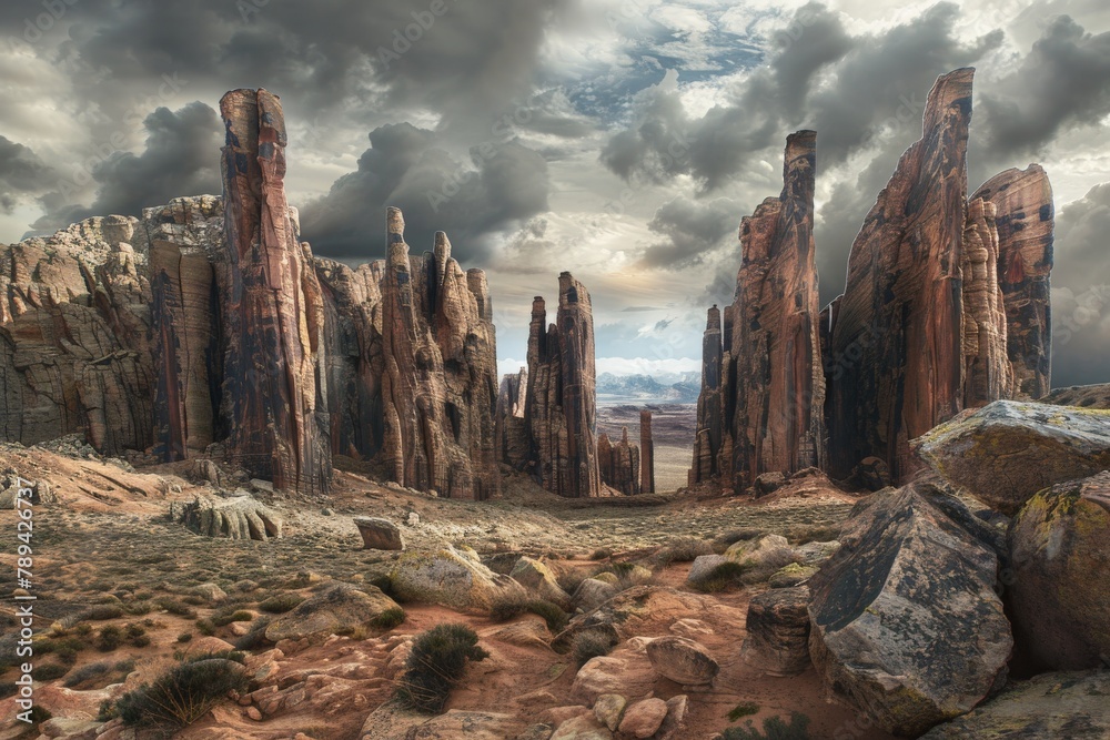 A panoramic view of a vast alien landscape dominated by towering, red stone pillars reaching towards a stormy sky.