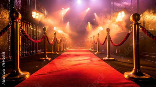 Elegant red carpet event at night, outdoor glamor with velvet ropes. Luxury gala entrance, glamorous celebration atmosphere. Premiere or award ceremony scene. AI photo