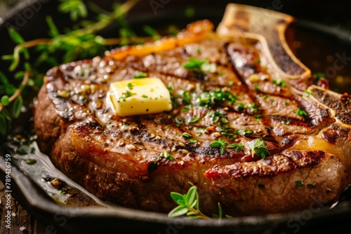 A perfectly cooked ribeye steak with a golden brown sear, resting on a cast iron skillet with melted butter and fresh herbs.