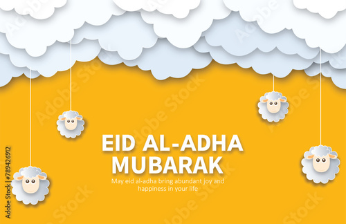 beautiful text design of Eid Al Adha Mubarak with white clouds, sheep and yellow background, Muslim Festival eid ul adha poster/card