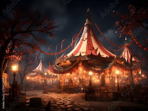 Illustration of an old circus in the night with a full moon