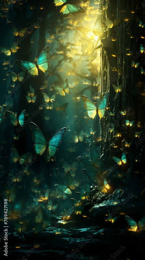 Dreamlike forest delicate insects emitting soft light illuminated ancient trees closeup serene mystical ambiance detailed texture  graphic design