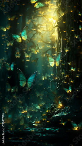 Dreamlike forest delicate insects emitting soft light illuminated ancient trees closeup serene mystical ambiance detailed texture graphic design