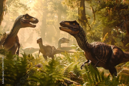 A pack of velociraptors hunting their prey in a dense prehistoric forest, with ferns and ancient trees.