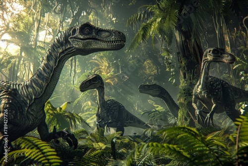 A pack of velociraptors hunting their prey in a dense prehistoric forest  with ferns and ancient trees.