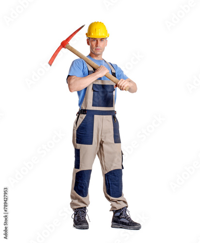 Construction worker holding a construction peak isolated on transparent layered background.
