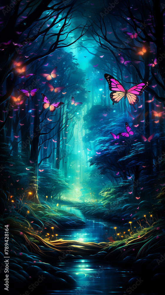 Surreal fantasy forest twinkling insects trees with supernatural glow birda  seye view lush vivid colors enchanting night scene  graphic design