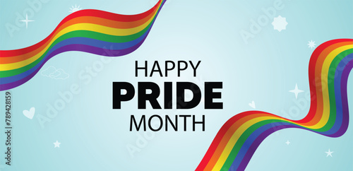 Happy pride month June flag colorful ribbon with star sun heart vector background