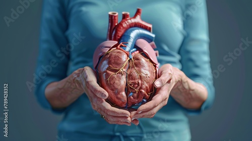 Human heart model holding a woman. Cardiovascular diseases, atherosclerosis, hypertension, valvular heart, aortopulmonary window and health concept. photo