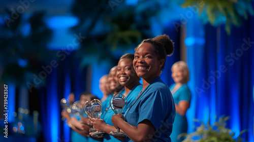 A celebratory image showcasing nurses of diverse backgrounds receiving awards and accolades for their outstanding contributions to healthcare on National Nurses Day.