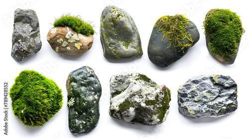 Collections of moss cover the rocks on a white background