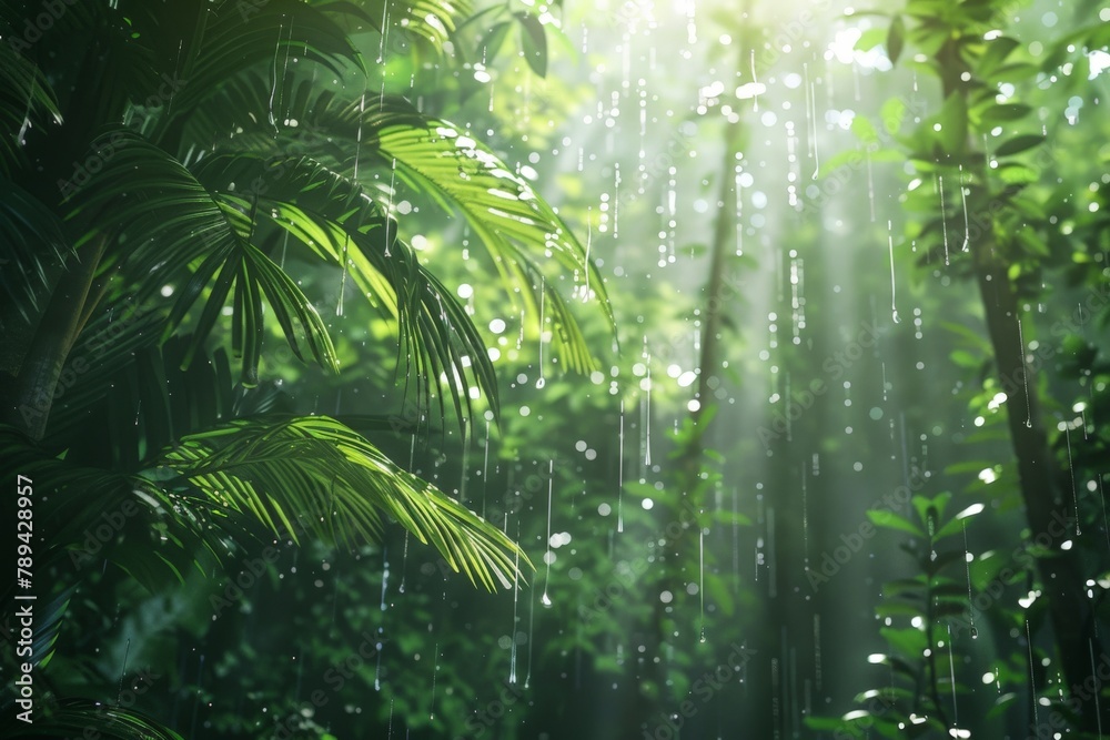 A photo of a lush rainforest canopy dripping with rainwater, sunlight filtering through the leaves to create a dappled effect on the forest floor.