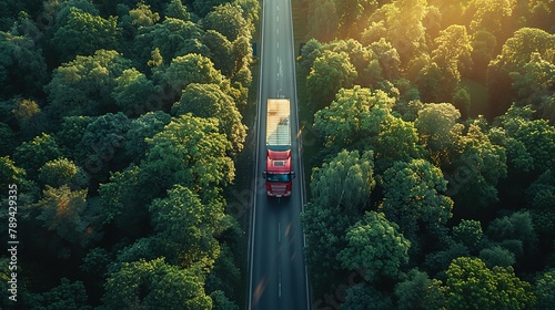 Aerial top view of car and truck driving on highway road in green forest. Sustainable transport. Drone view of hydrogen energy truck and electric vehicle driving on asphalt road through green forest © Jennifer