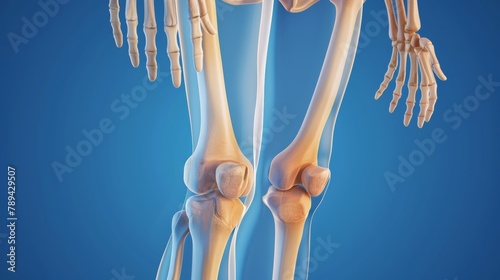 The minerals calcium zinc and magnesium are absorbed into the cartilage of the bone. Healthy human skeleton anatomy on blue background. Bone care at knee joint. Realistic 3D modern.