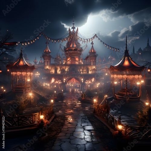 Fantasy temple in the moonlight. 3d rendering. Computer digital drawing.