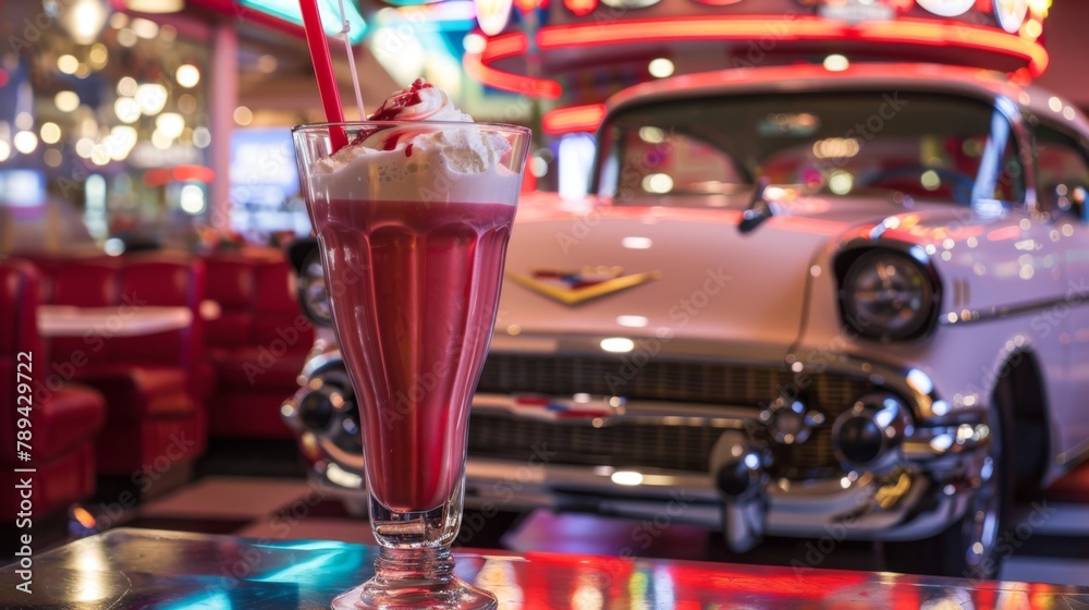 Retro Diner Milkshake With Classic Car in the Background