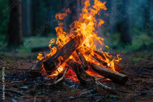 a bonfire made from wood and flames in a forest, a camp fire for camping or outdoor activity