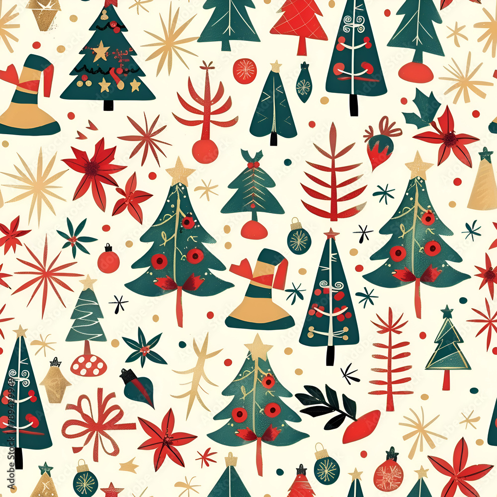 A Christmas tree pattern with many trees and a hat on top. The hat is red and gold. Generative AI