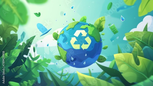 An illustration of the Save the Earth planet is shown in a cartoon web banner with a globe, green leaves, water drops, recycling symbol, and a swipe button. This concept represents the protection of