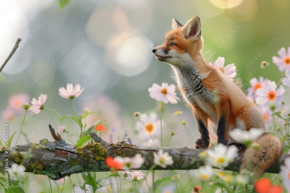 A red fox cub perched on a tree branch, looking down at a field of wildflowers with a playful grin. A red fox cub perched on a tree branch, looking down at a field of wildflowers with a playful grin.