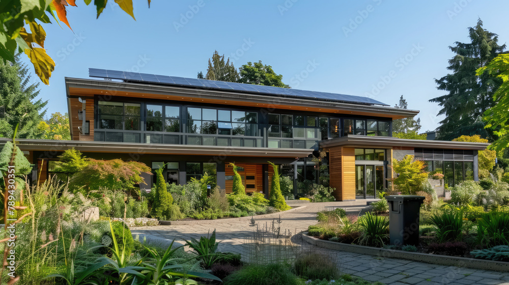 Modern eco-friendly home with solar panels adorning the roof, lush greenery in the foreground. Sustainable living and renewable energy concepts