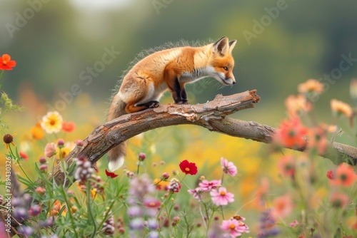 A red fox cub perched on a tree branch, looking down at a field of wildflowers with a playful grin. © EC Tech 