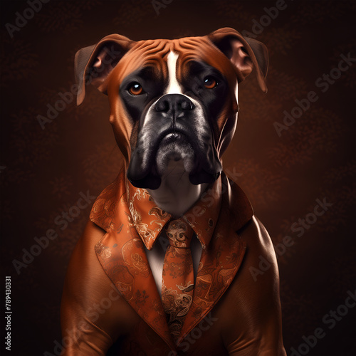 Realistic lifelike Boxer dog puppy in dapper high end luxury formal suit and shirt, commercial, editorial advertisement, surreal surrealism.	
