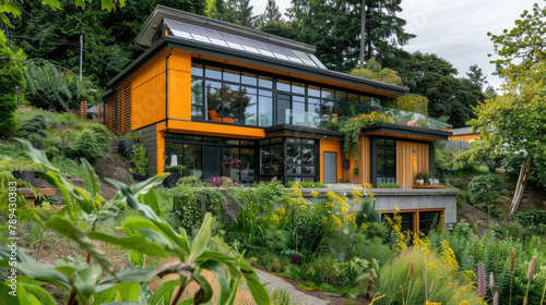 Modern eco-friendly home with solar panels adorning the roof, lush greenery in the foreground. Sustainable living and renewable energy concepts