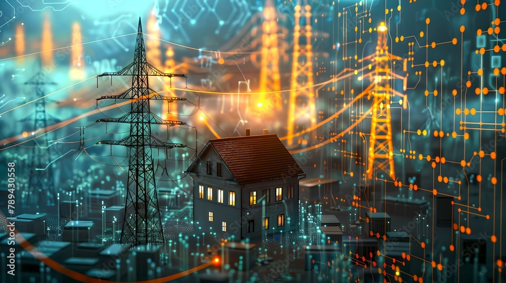 Futuristic Energy Concept with House and Power Lines. High-Tech Cityscape with Digital Elements. Visual Representation of Smart Grid Technology. AI