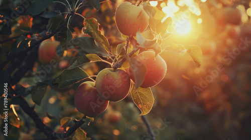 Branch Of maturing golden apples during sunset. photo