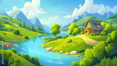 Modern cartoon illustration of a green summer landscape with green hills, lakes, trees, a cottage in the forest, and a wooden house in the countryside.