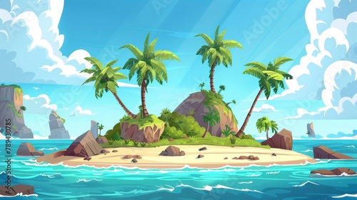 Cartoon background of an uninhabited island with beach  palm trees  and rocks surrounded by sea water. Layered tropical landscape for 2D games.