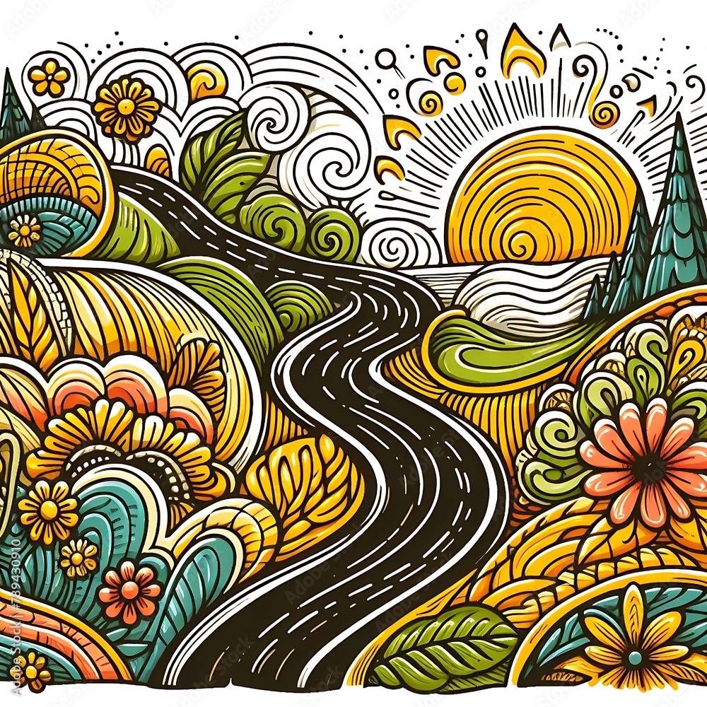 Curly hilly road through field of flowers and forest colorful artwork Curly hilly road through field of flowers and forest colorful artwork